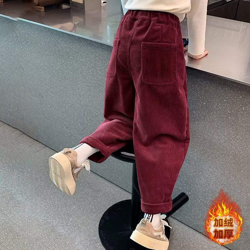 女童灯芯绒紫色长裤春装加厚休闲洋气阔腿裤加绒裤子秋冬款儿童潮