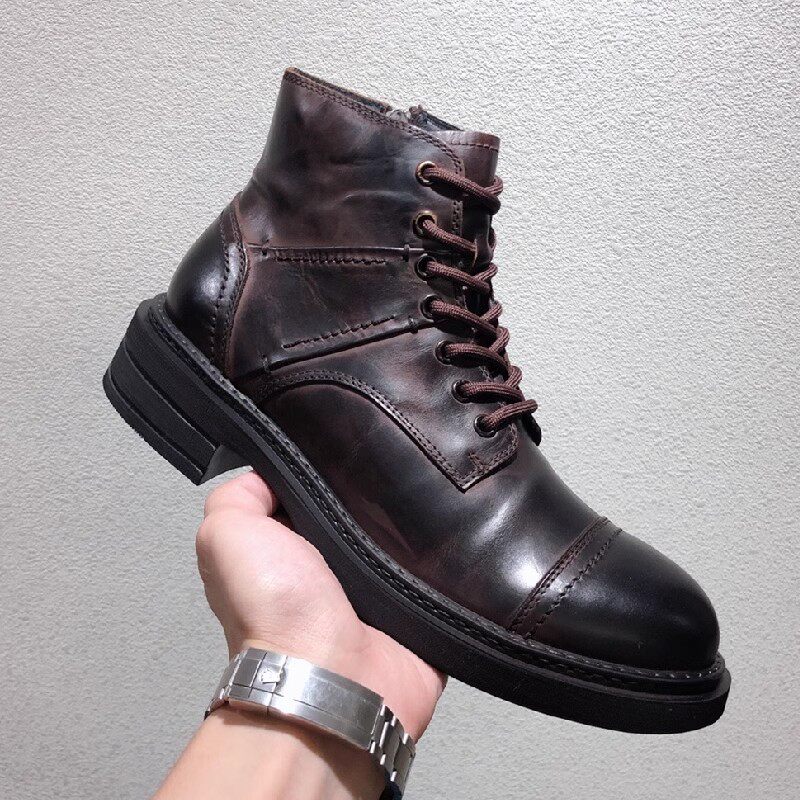 秋季透气马丁靴男士真皮休闲复古英伦风系带高帮工装短靴子潮男鞋