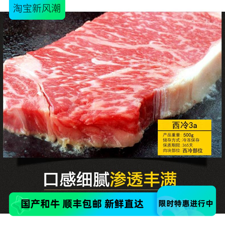 雪龙和牛 西冷3A 500g雪花非腌制原切儿童牛排牛肉眼新鲜团购包邮