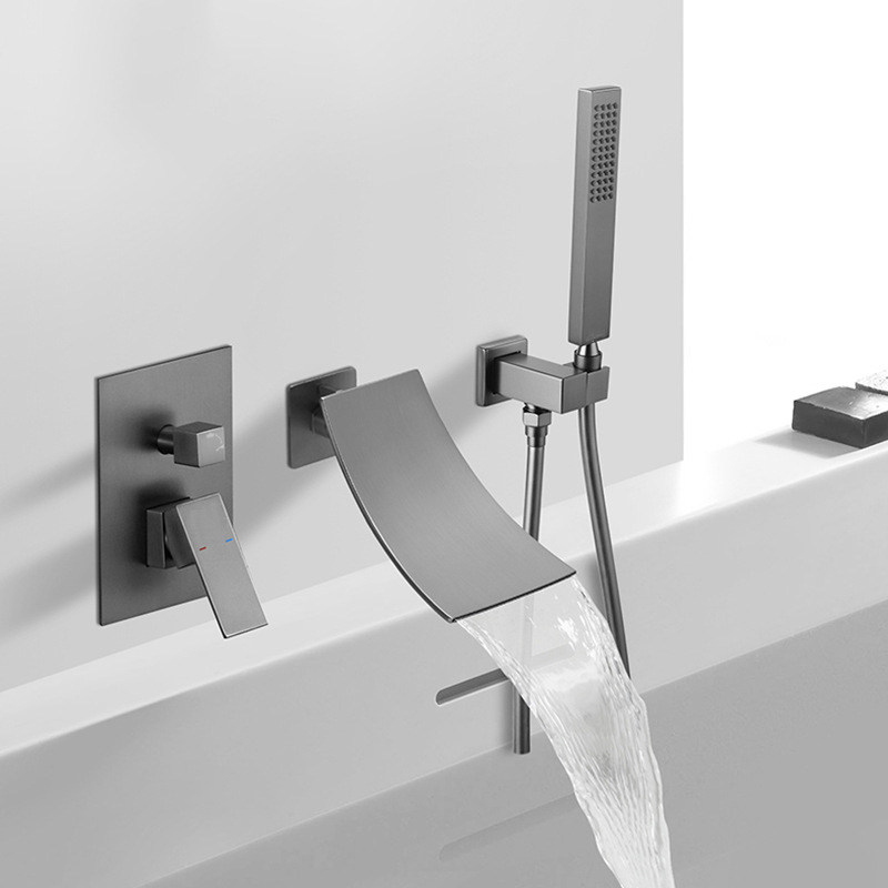 洛斯墙体嵌入式暗装淋浴花洒缸边水龙头瀑布出水嘴黑色拉丝金枪灰