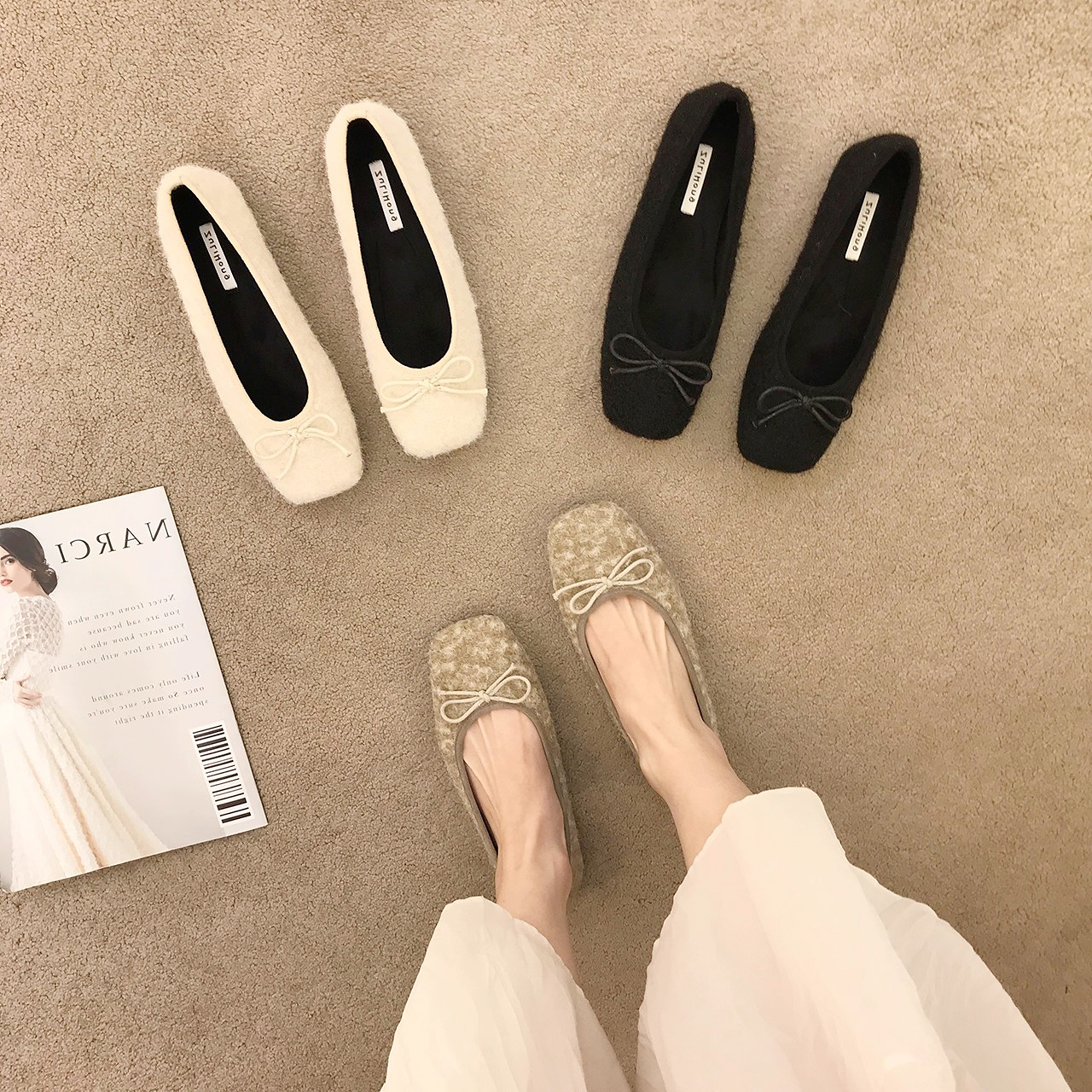 网红仙女小香风单鞋女平底2026秋冬温柔米白色软底豆豆鞋加绒瓢鞋