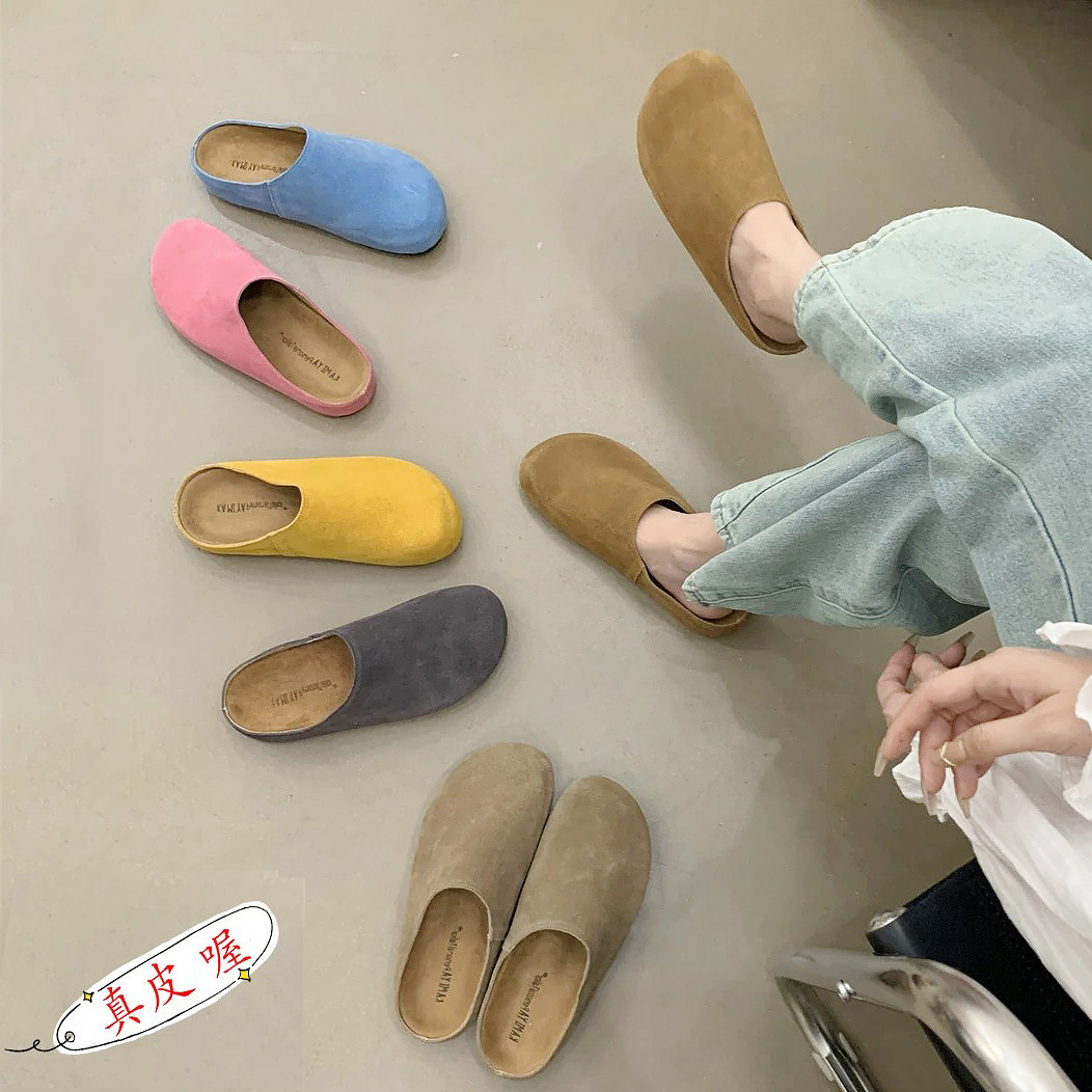 牛皮真皮包头勃肯拖鞋女夏外穿半托鞋孕妇防滑丑萌半拖鞋博肯鞋潮