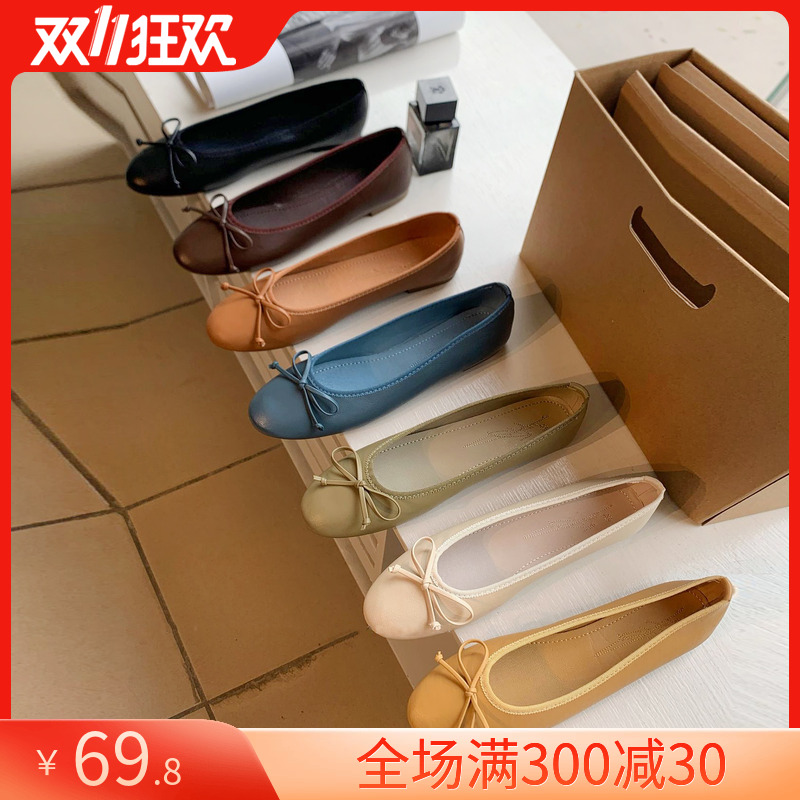 韩版简约圆头奶奶鞋女2025蝴蝶结通勤一脚蹬软皮软底平底芭蕾单鞋