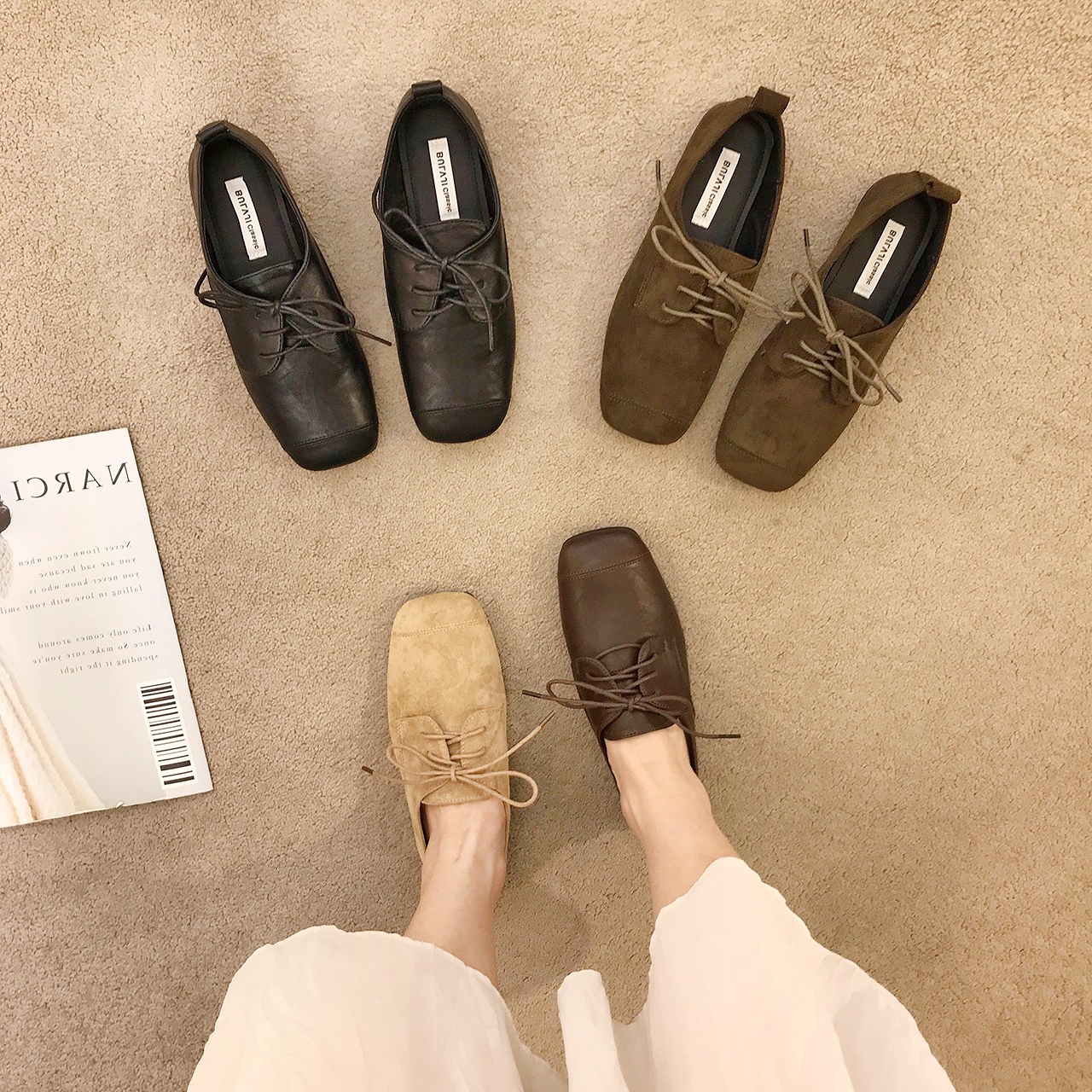 韩版方头系带小皮鞋单鞋女平底2026复古学院风百搭软底乐福鞋皮鞋
