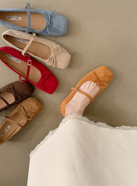 温柔仙女风方头蝴蝶结单鞋女2025年秋天新款绒面橙色玛丽珍鞋瓢鞋