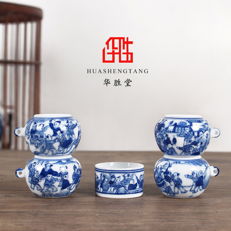 华胜堂 景德镇手绘青花百子图红子罐鸟食罐小鸟杯水罐 鸟笼配件