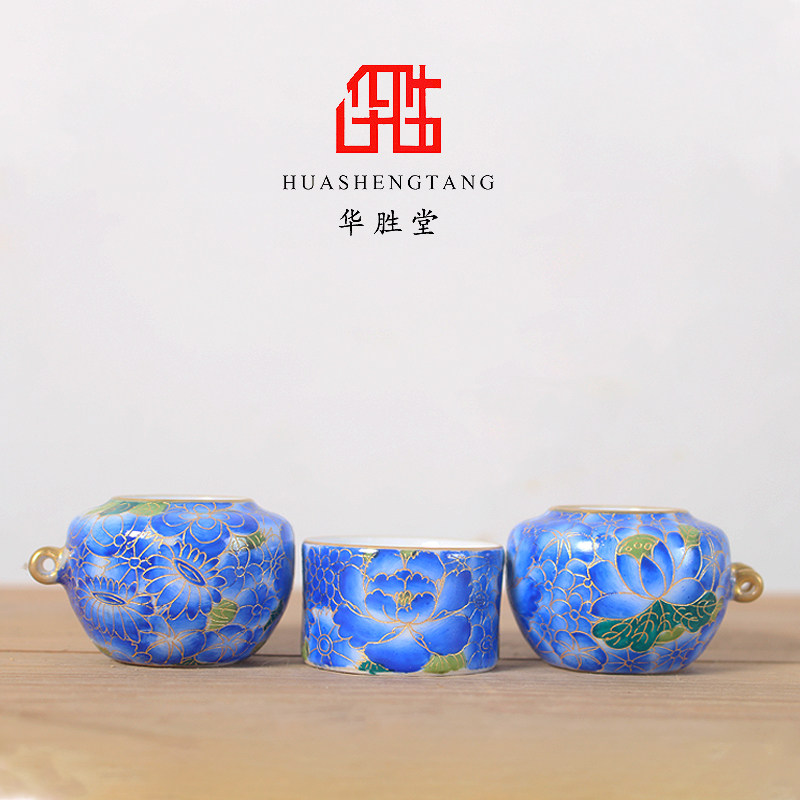 华胜堂 景德镇手绘百灵罐点颏罐蓝地万花金口图鸟食罐 鸟笼配件