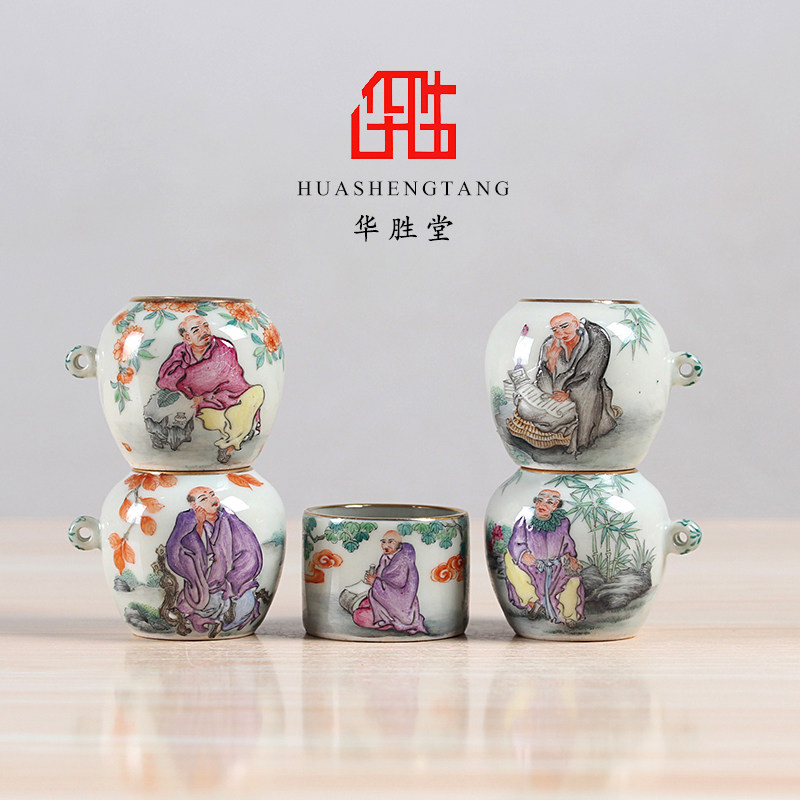 景德镇华胜堂 鸟食罐手绘粉彩罗汉图3红子罐五件套小鸟杯笼配件