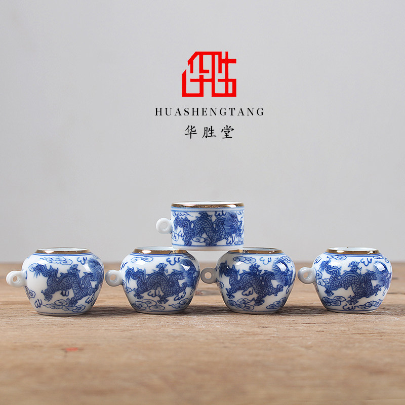 华胜堂 景德镇手绘青花龙纹红子罐鸟食罐小鸟杯水罐 鸟笼配件