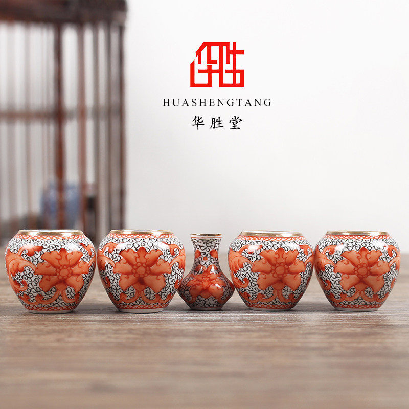 景德镇华胜堂全手绘凤尾草缠枝莲金口五件套绣眼缸鸟缸鸟笼配件