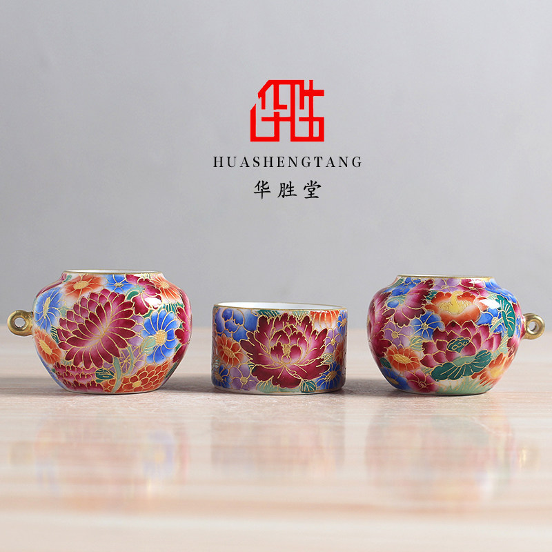 华胜堂 景德镇手绘掐丝珐琅彩万花图点颏百灵鸟杯鸟食罐 鸟笼配件
