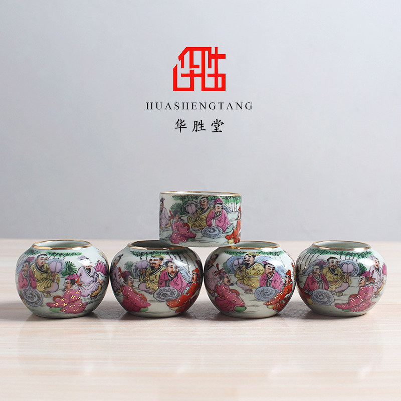 华胜堂 景德镇手绘仿古釉竹林七贤鸟食罐红子罐鸟杯水罐 鸟笼配件
