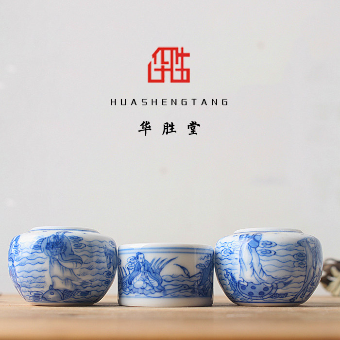 华胜堂 景德镇手绘青花八仙过海图百灵缸鸟食罐小鸟杯 鸟笼配件