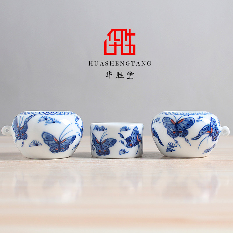 华胜堂 景德镇手绘青花花鸟蝴蝶点颏百灵罐水鸟杯鸟食罐 鸟笼配件