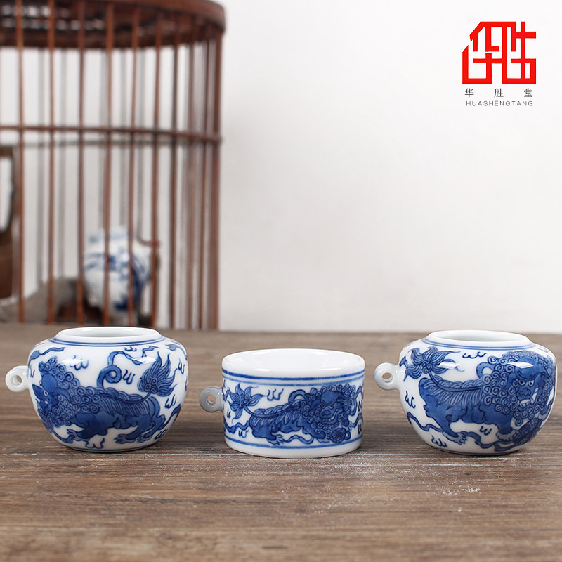 华胜堂 景德镇手绘青花狮靛颏百灵罐鸟食罐小鸟杯水罐 鸟笼配件