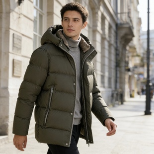 亲肤牛奶蛋白尼龙抗皱四面弹玛汀25冬男中长厚款90鹅绒连帽羽绒服