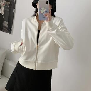 秋季玛汀 珠地棉混纺针织 拉链棒球领 合身纯色短夹克卫衣女