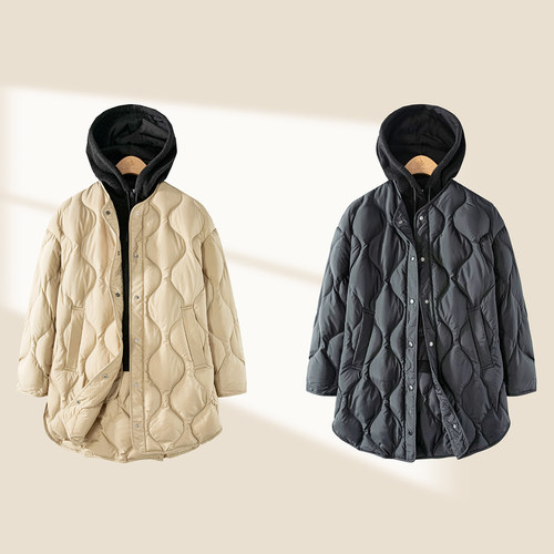 25冬玛汀 衍缝无领中长款密可柔50D薄款90鹅绒宽松茧型羽绒服女