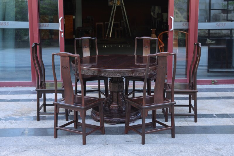 大红酸枝福寿如意独挺柱圆餐桌餐椅红木七件套(运费到付)