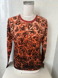 清仓价桔红色圆领玫瑰印花订珠烫钻女羊毛衫毛衣打底衫