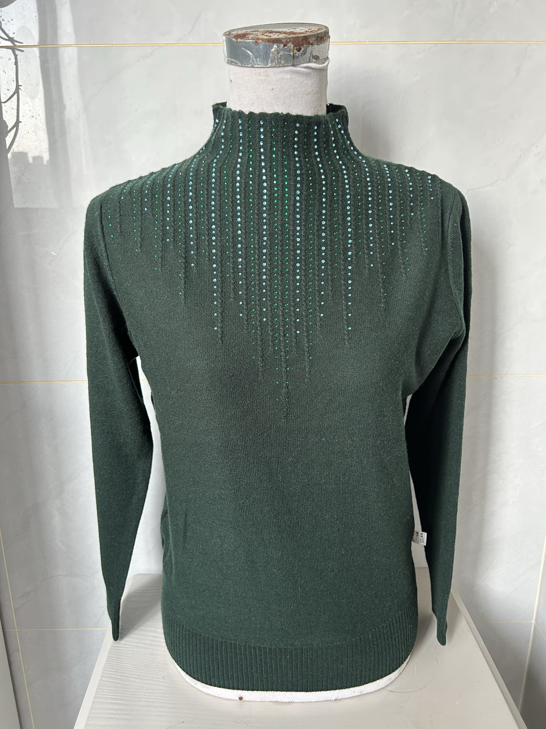清仓墨绿色半高领烫钻女羊毛衫羊绒衫打底衫全羊毛衫