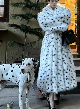 西奈莎欧美重工皮草大衣仿狐狸毛黑白斑点豹纹外套宽松年轻款女装