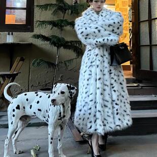西奈莎欧美重工皮草大衣仿狐狸毛黑白斑点豹纹外套宽松年轻款 女装