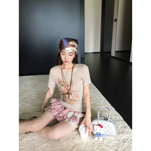 MG小象 软fufu小猫'羊毛莱赛尔印花T恤女夏薄款修身打底短袖上衣