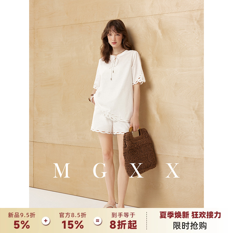 镂空刺绣亚麻上衣短裤套装