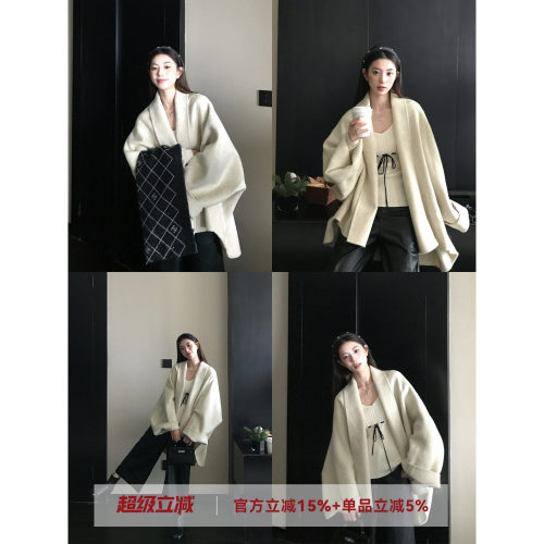 小众腔调100绵羊毛翻领斗篷大衣