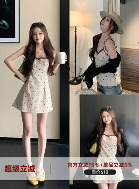 南法亚麻棉波点蕾丝少女吊带裙