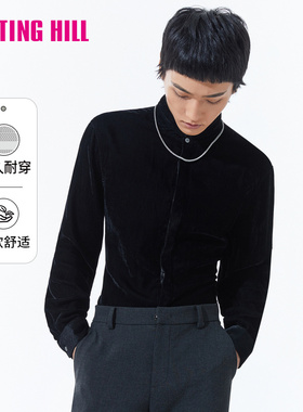 诺丁山冰丝丝绒感衬衫男黑色长袖秋季商务时尚高级感男士衬衣