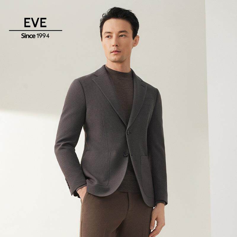 依文羊毛混纺西装男休闲上衣商务高级深咖啡色单西服毛呢外套