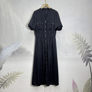 奢货~重磅真丝复古纯色小香风收腰连衣裙26气质显瘦桑蚕丝开衫裙