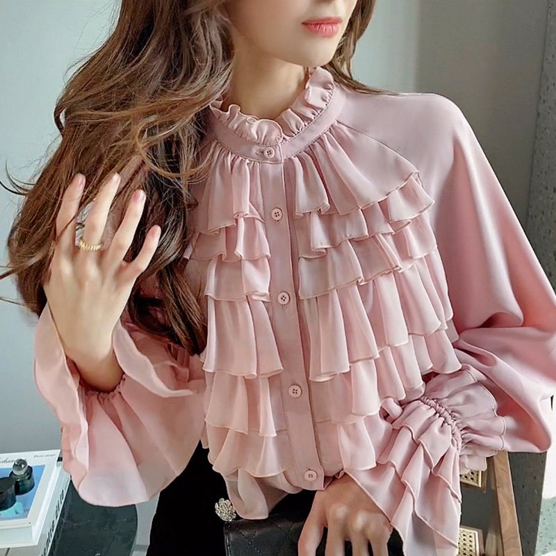 粉红大布娃娃2022春名媛气质木耳边衬衫遮肚子甜美花边领雪纺上衣