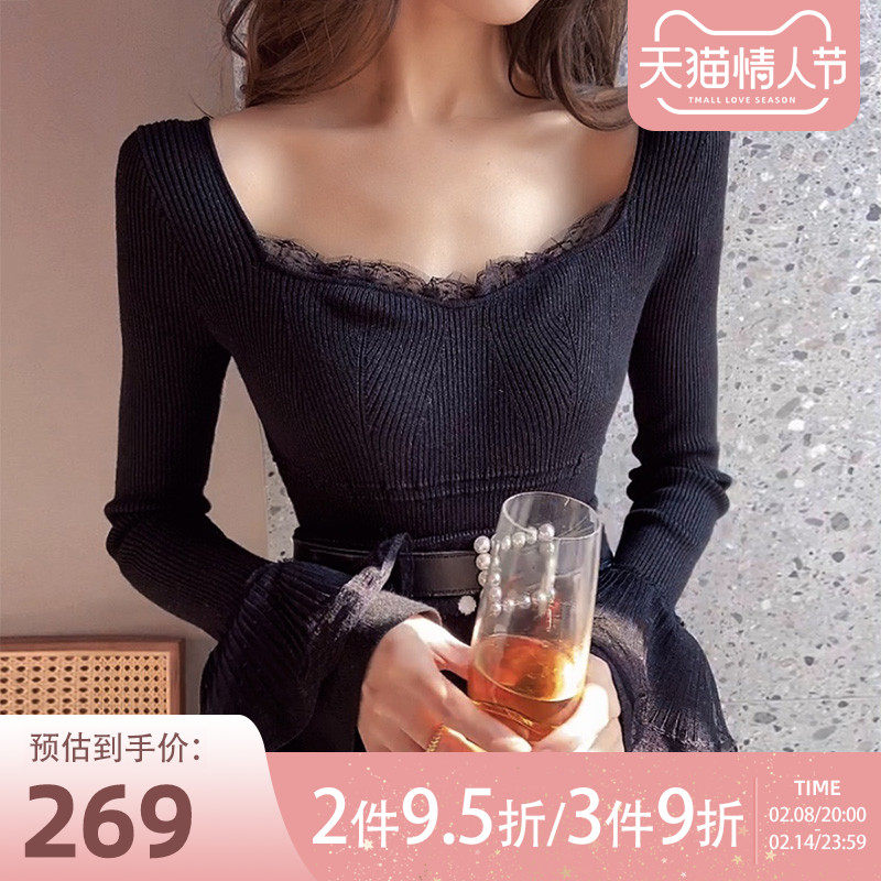 粉红大布娃娃春甜美蕾丝蝴蝶结网纱喇叭袖套头针织衫打底上衣女