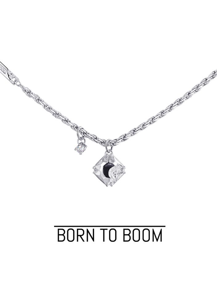 BORN TO BOOM 破损钻石 方糖钻切割925纯银吊坠编织男女锁骨项链