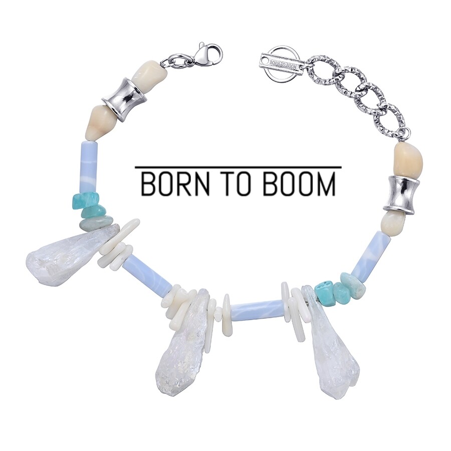 BORNTOBOOM 部落风原石 海滩假日天然白水晶珊瑚玛瑙蓝色钛钢手链