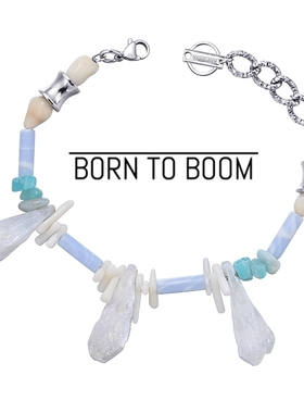 BORNTOBOOM 部落风原石 海滩假日天然白水晶珊瑚玛瑙蓝色钛钢手链