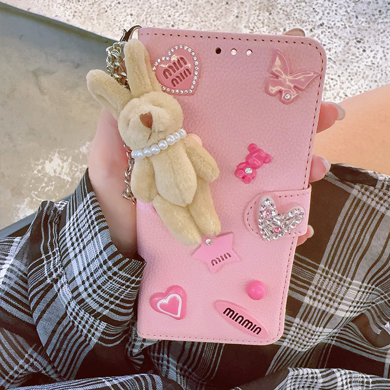 MOMO SUKI 日韩小众创意翻盖皮套pink粉嫩少女心手机壳15Promax带小熊挂件苹果16Pro可爱保护套14/13水钻壳