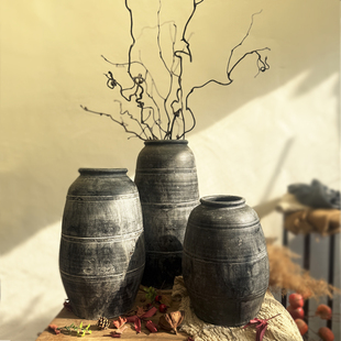 侘寂风粗陶民宿陶罐陶土罐仿古粗陶花瓶装饰摆件中古风花瓶摆件