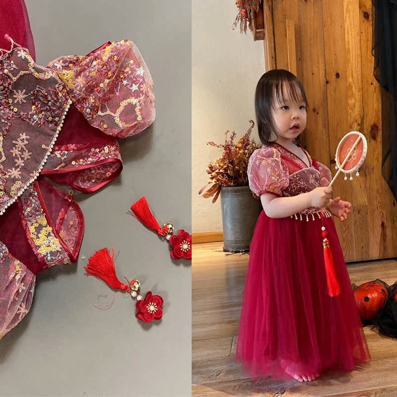 【直播款红色汉服】女童汉服公主裙高端洋气蓬蓬裙女孩网纱连衣裙