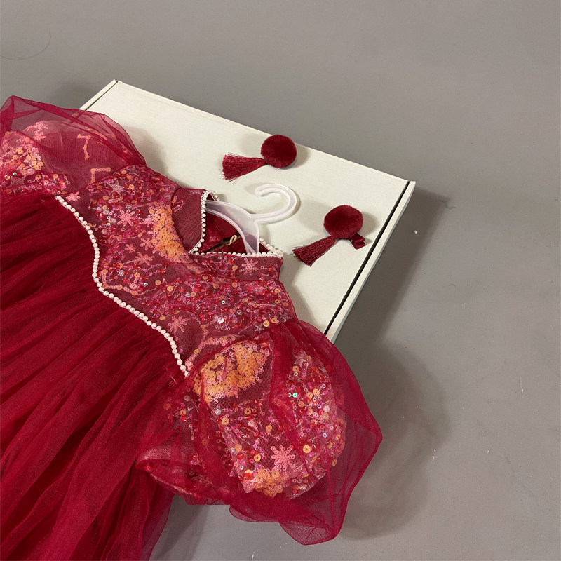 【直播款红色香槟】女童旗袍公主裙高端洋气蓬蓬裙女孩网纱连衣裙