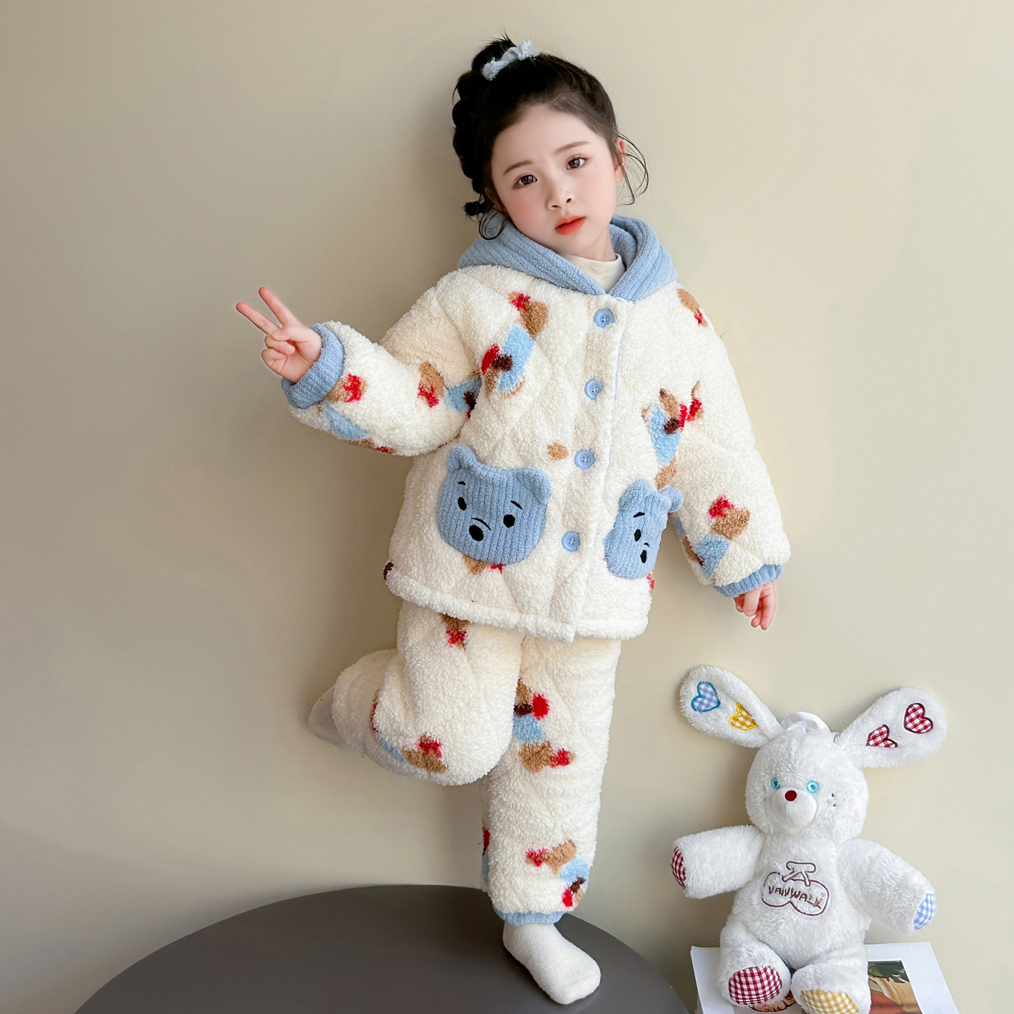 女童连帽睡衣三层夹棉加绒加厚