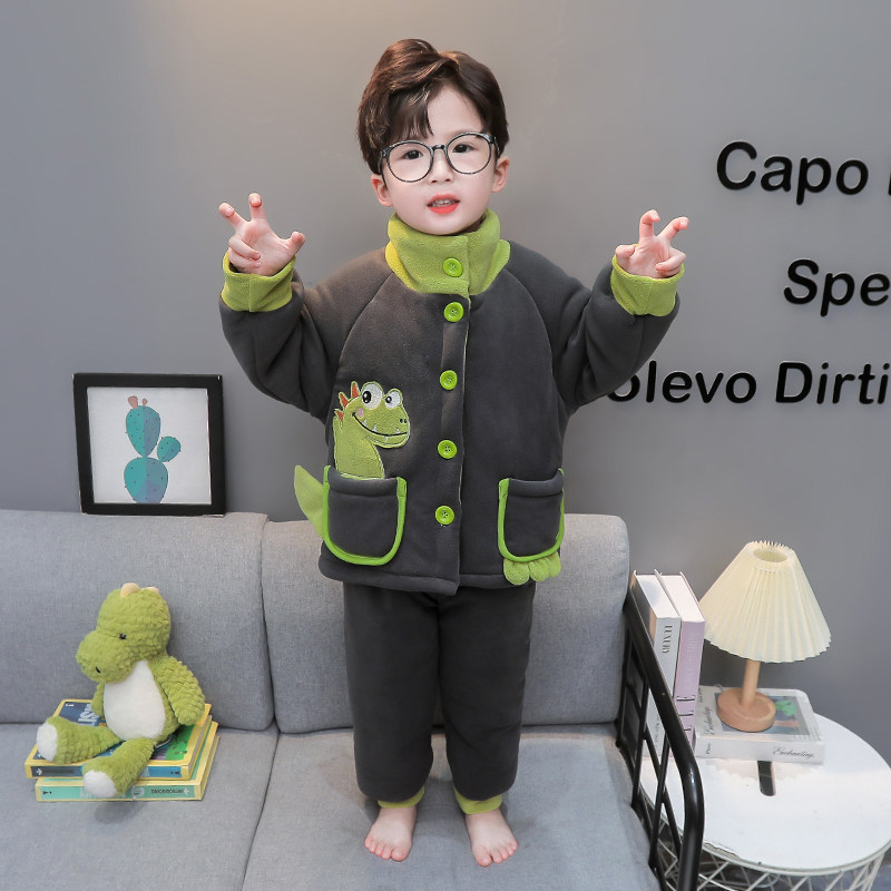 男宝宝睡衣冬季三层加棉加绒套装男童奥粒绒加厚款儿童冬款家居服