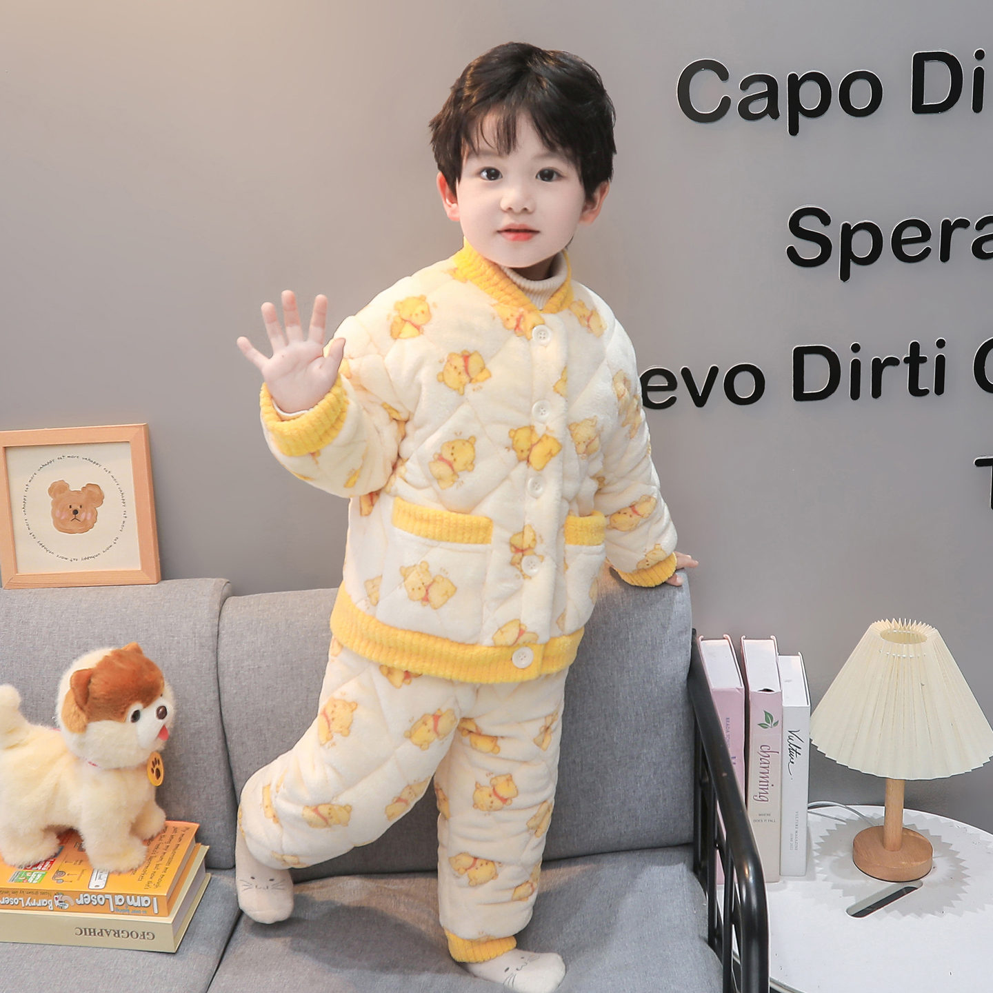 男童睡衣冬季法兰绒三层套装