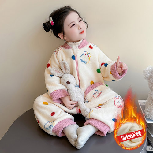 女童珊瑚绒加厚连体睡袋家居服