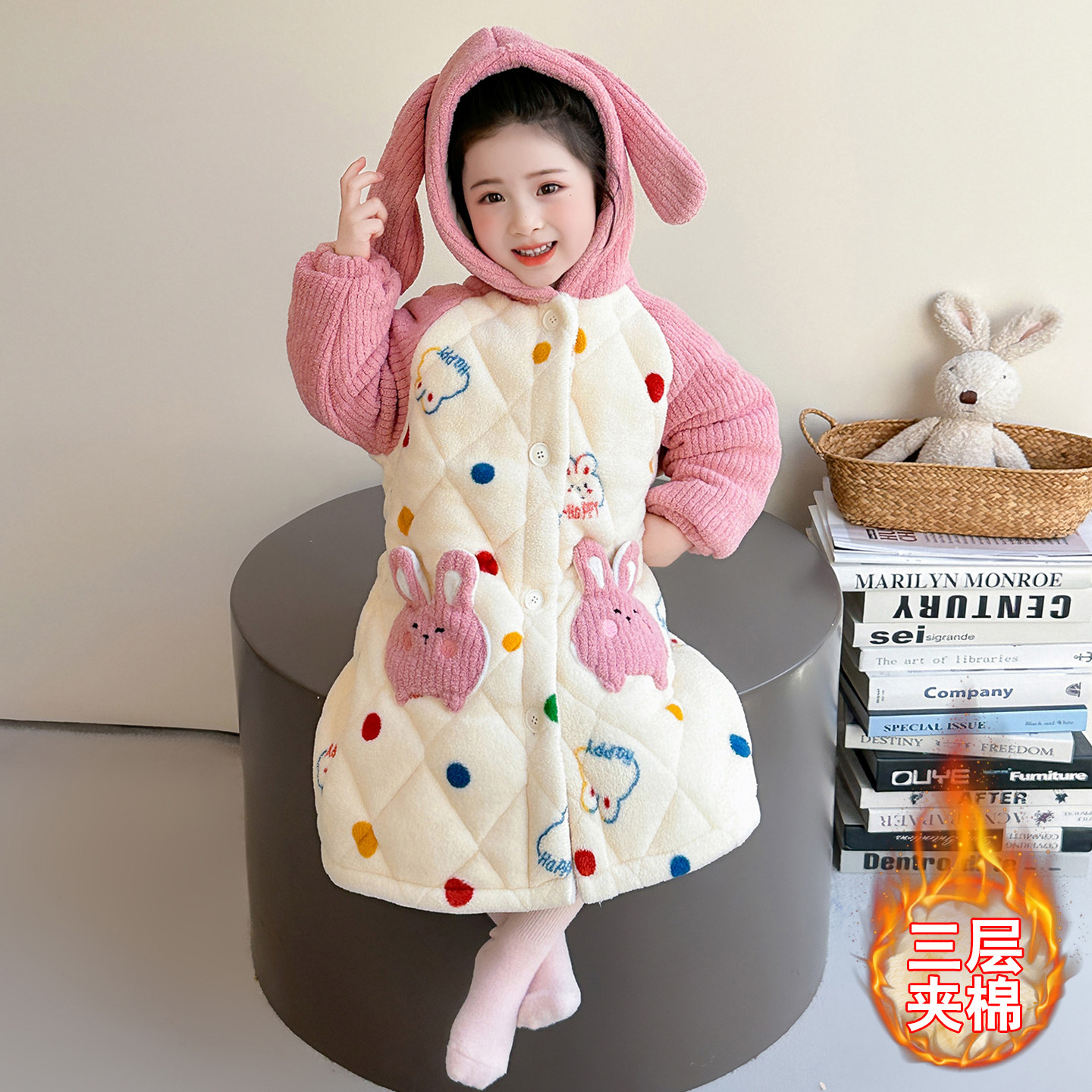 儿童睡袍女童加厚法兰绒睡衣三层夹棉加绒冬天宝宝珊瑚绒家居服
