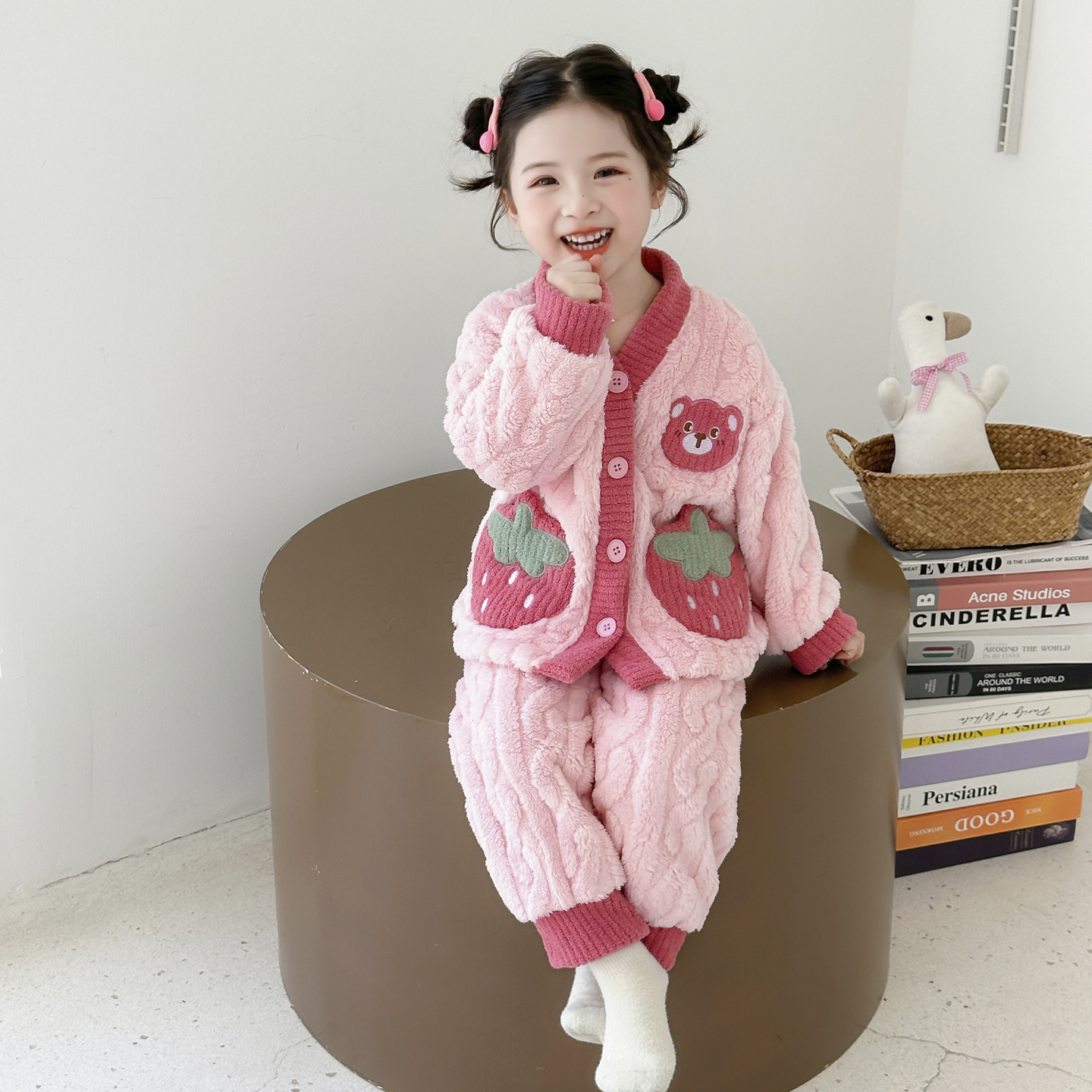 女童秋冬季珊瑚绒开衫睡衣套装