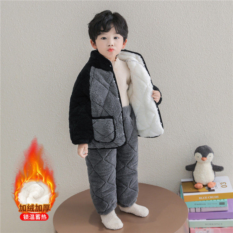 男童冬季珊瑚绒三层睡衣套装